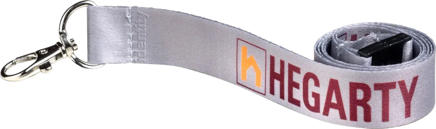 Custom printed lanyard produced for Hegarty